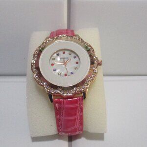 STRADA Watch Austrian Crystal Faux Leather Bnd Pink